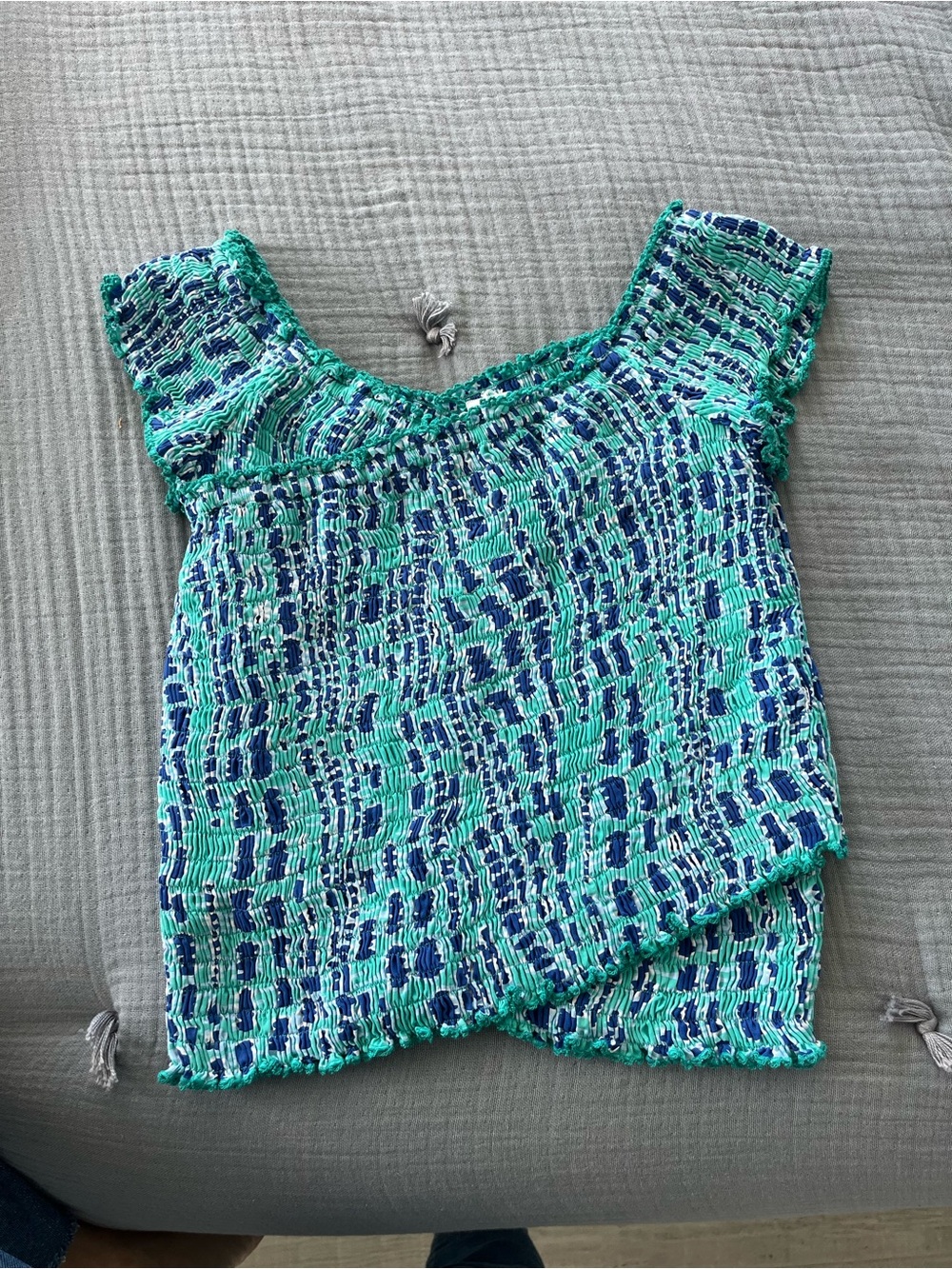 Poupette St. Barth Green and Blue Smocked Cap Sleeve Top